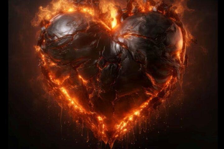 A molten, burning, heart-shaped object